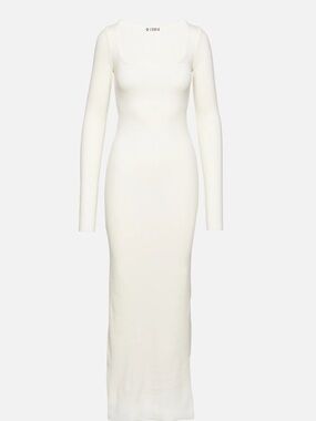 Eterne Cream Long Sleeve Scoop-Neck Maxi Dress